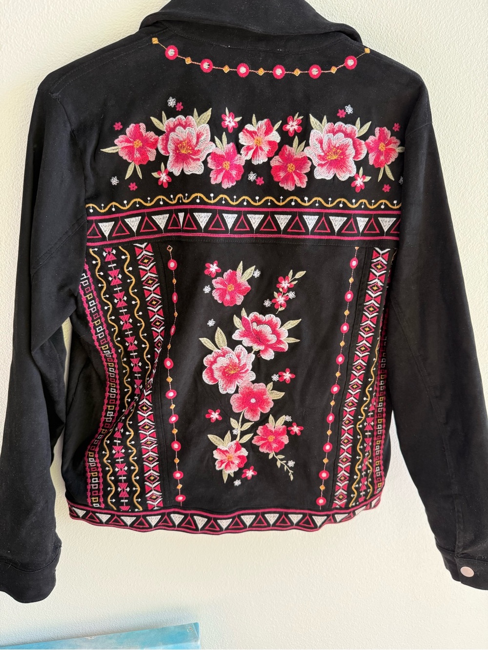Embroidered Floral Black Women's Jacket - Pink Flower Details